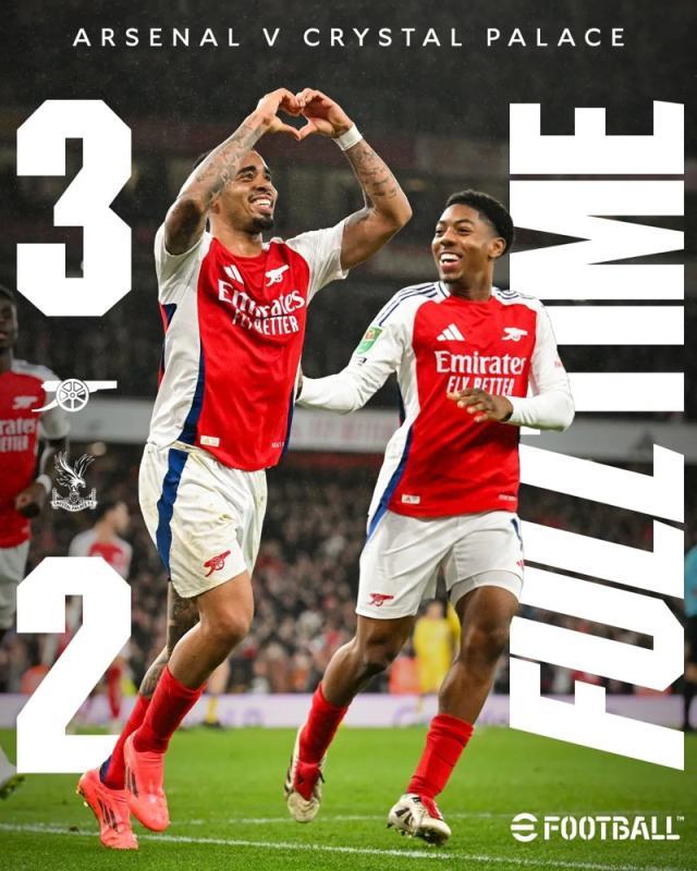 【联赛杯】热苏斯帽子戏法，阿森纳逆转水晶宫进4强！